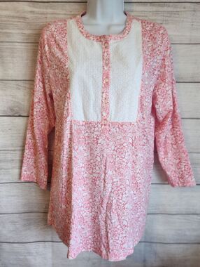 Lands End Top Medium Pink Floral Tunic Cotton Blend Cottagecore